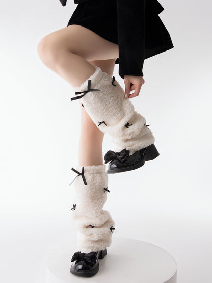 Fluffy Wool Black Bow Coquette White Warm Leg Warmers