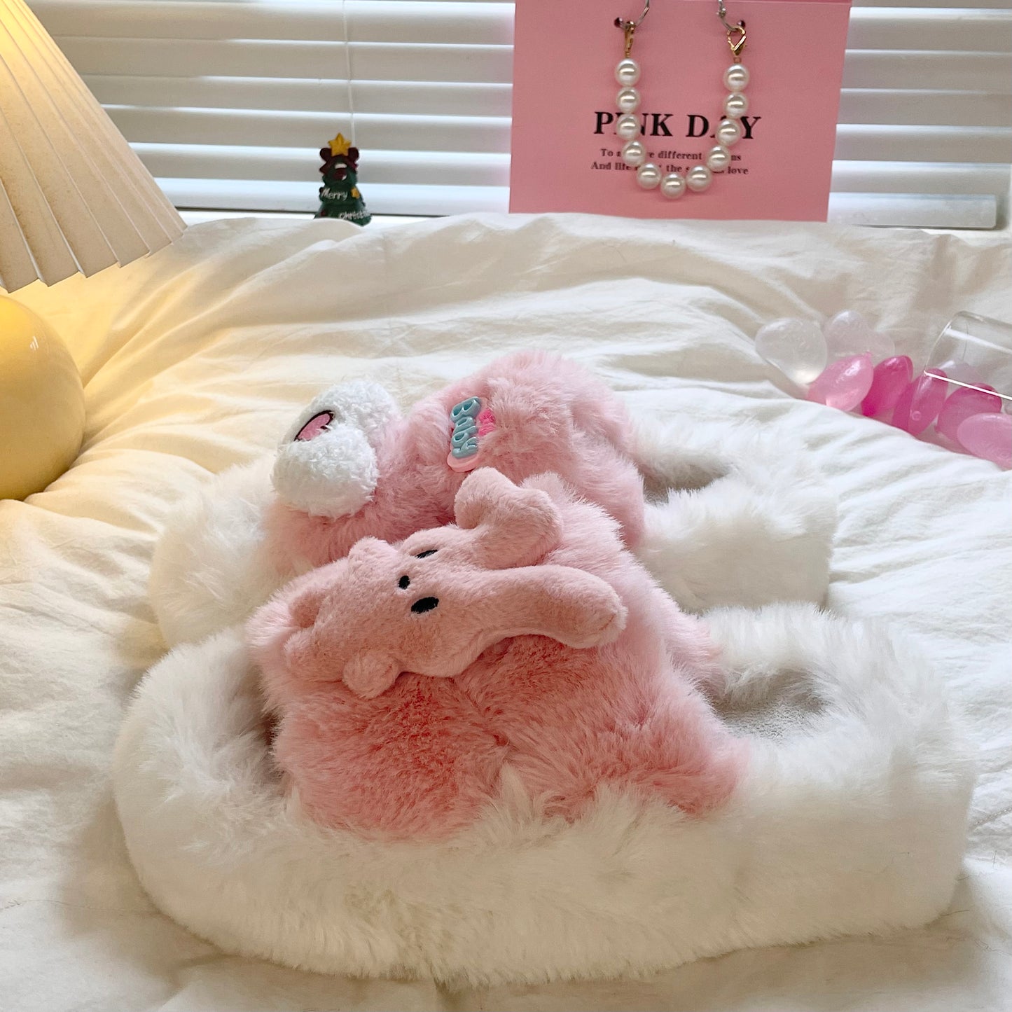 Rabbit Heart Love Decorative Plush Fluff Slippers Shoes