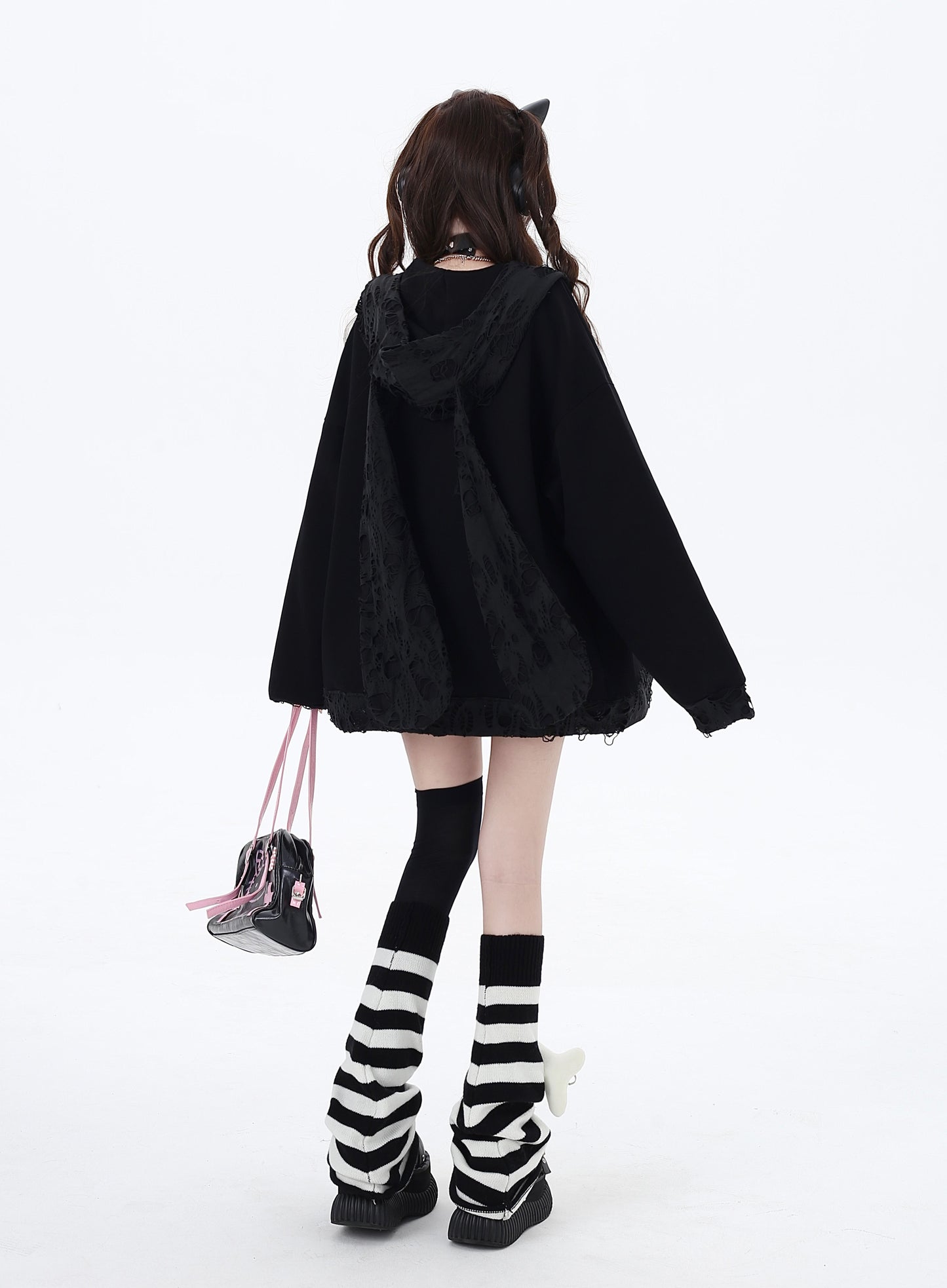 Crazy Girl Sad Anime Girl Black White Rabbit Ears Jacket Hoodie