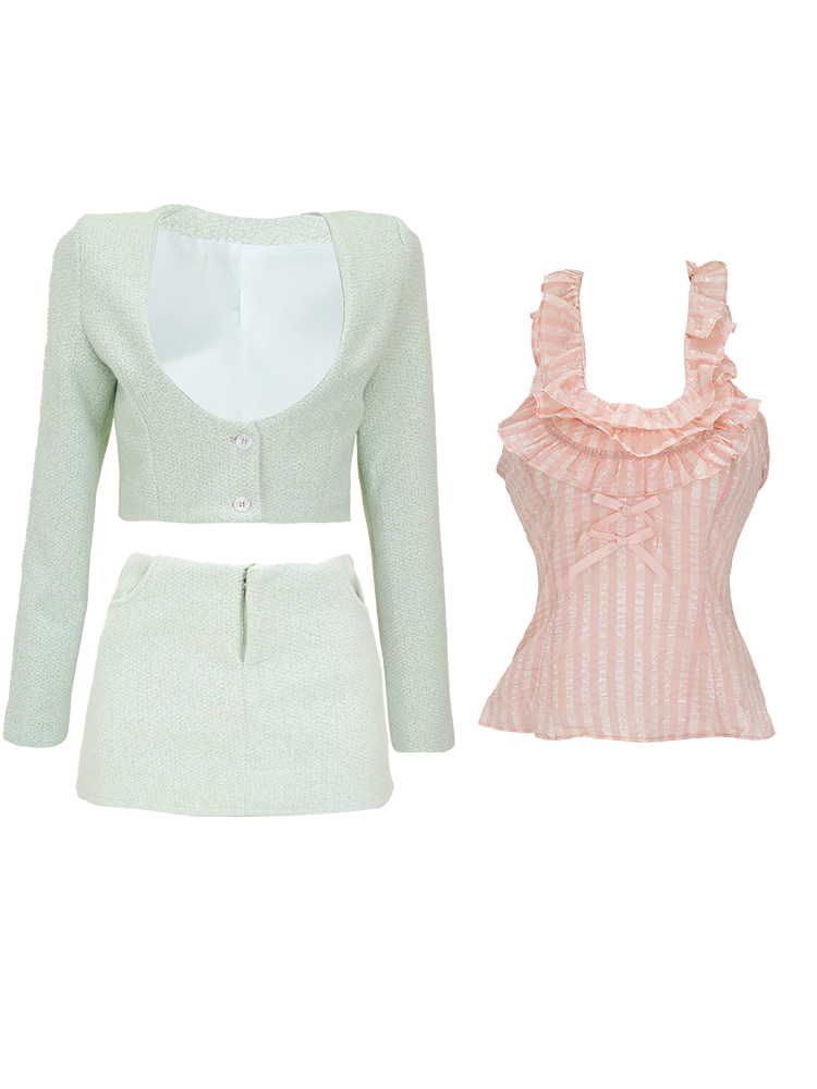 Lucia Classic Coquette Elegant Chic Ruffled Pink Camisole Green Short Jacket Skirt Three Piece Set