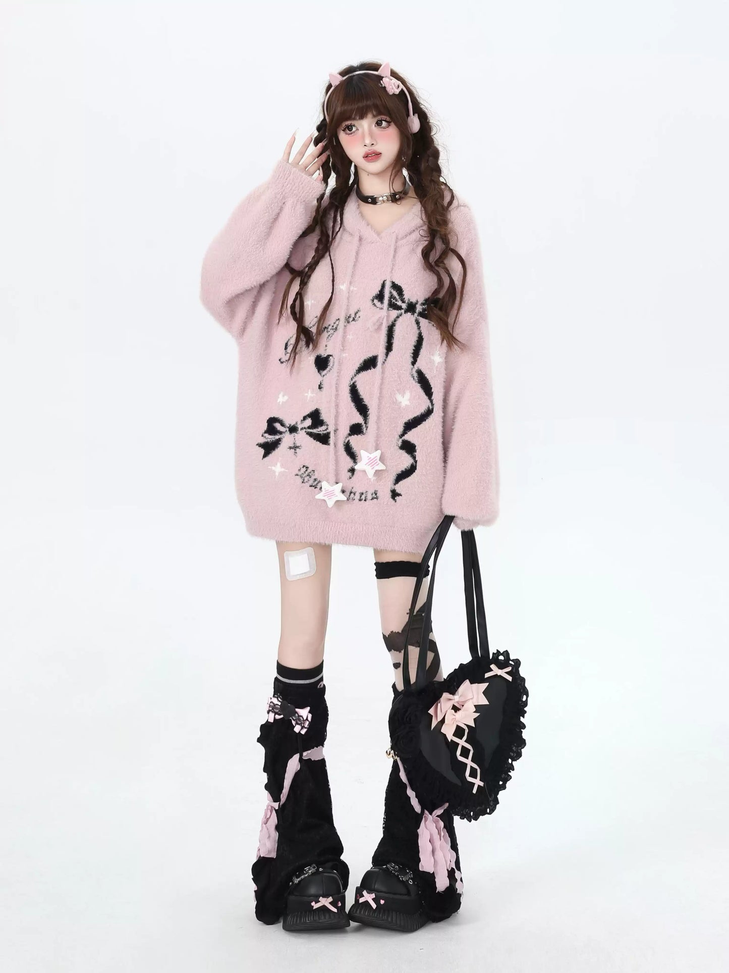 Crazy Girl Sticky Bow Black Pink Fuzzy Sweater Hoodie