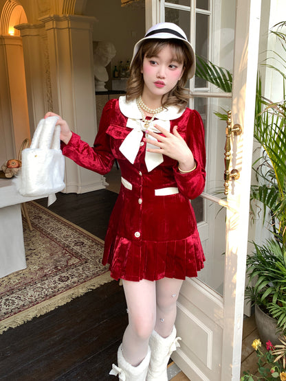 Picnic Girl Winter Holiday Christmas Red Velvet Dress