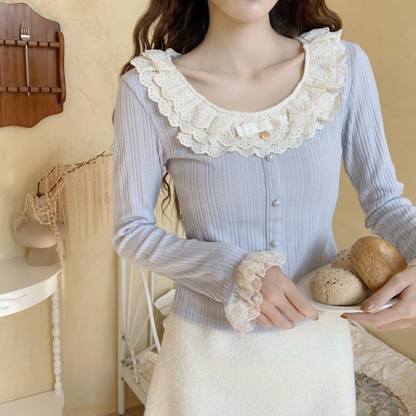 Sweet Pink Blue Cream Coquette Lace Slim Fit Shirt Blouse Top