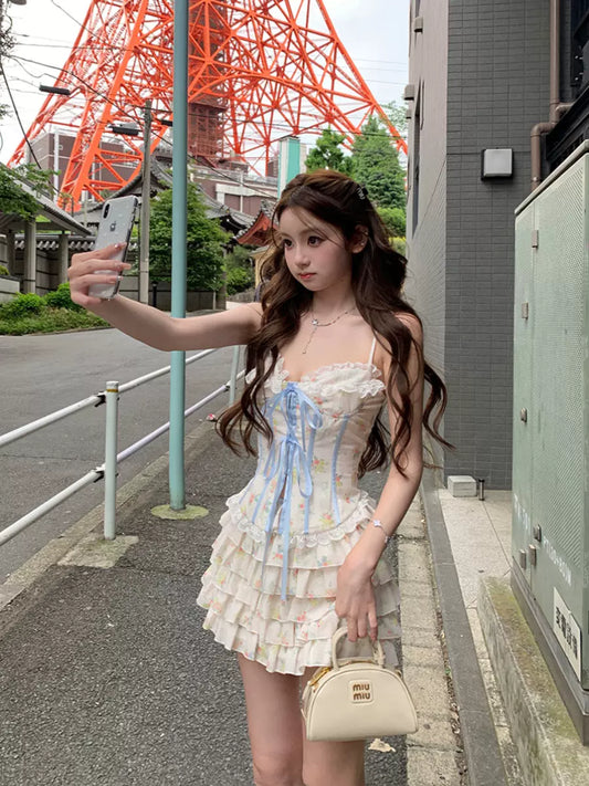 Lazy Girl Sakura Story Floral Blue Bow White Camisole & Skirt Two Piece Set