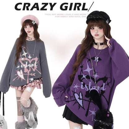 Crazy Girl Moonfall Untitled Butterfly Black Gray Purple Sweater