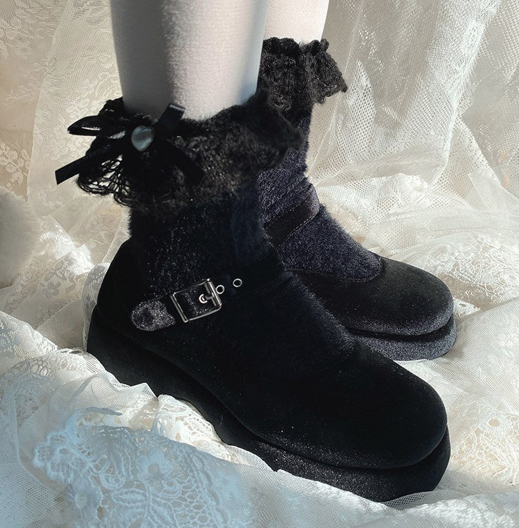 Winter Elegant Warm Wool Lace Plush Lolita White Black Fuzzy Socks