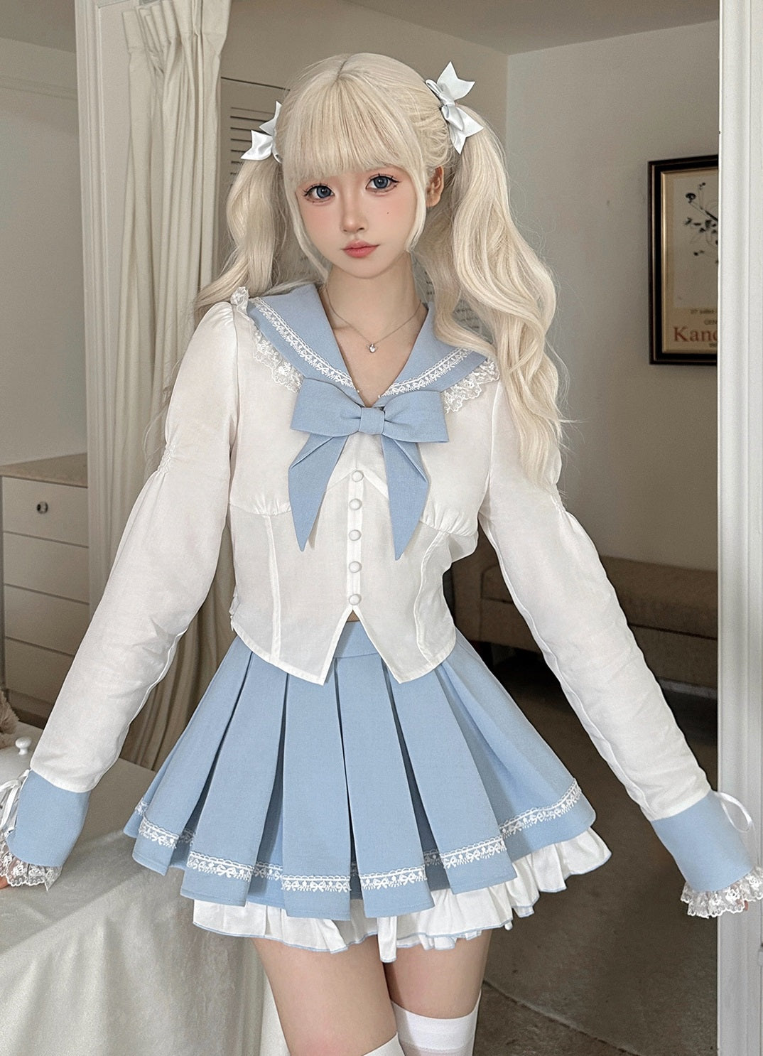 Serendipity Seifuku Sailor School Uniform Pastel Blue White Blouse Shirt & Skirt Two Piece Set