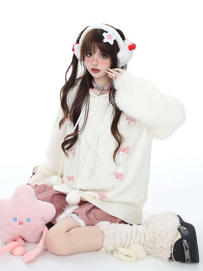 Crazy Girl Pom Pom White Bow Fuzzy Knit Autumn Winter Hoodie Sweater