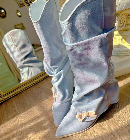 Blue Purple Coquette Style Bow Retro Denim Western Boots