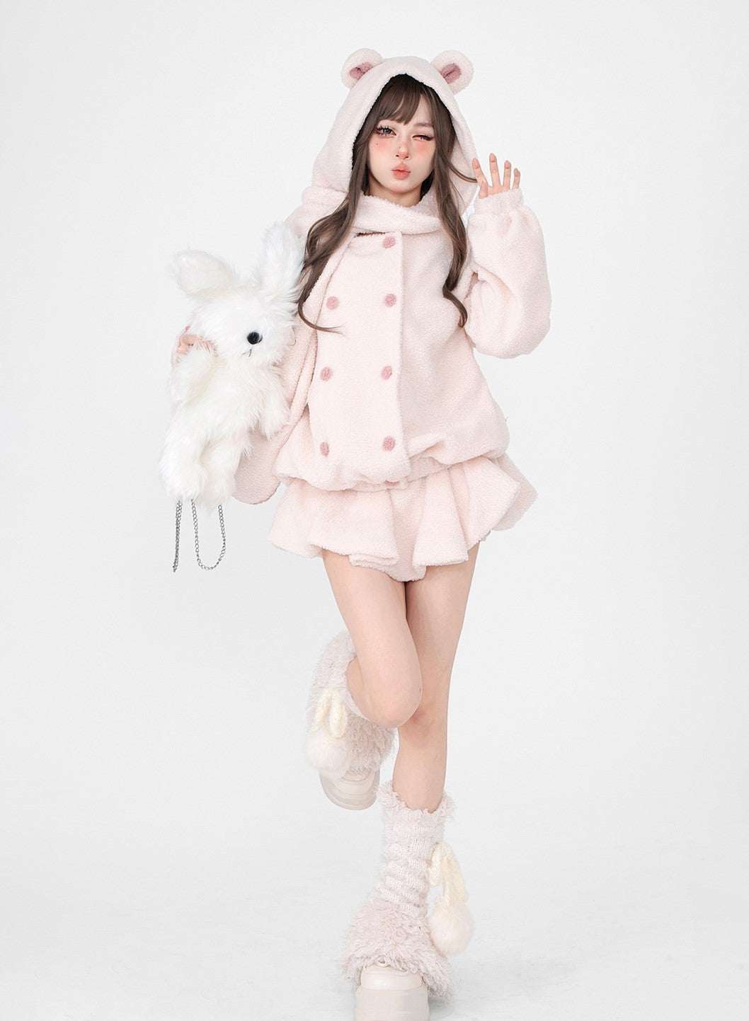 Young Eyes Winter White Soft Pink Plush Fleece Bear Hooded Scarf Jacket & Skirt Two Piece Set