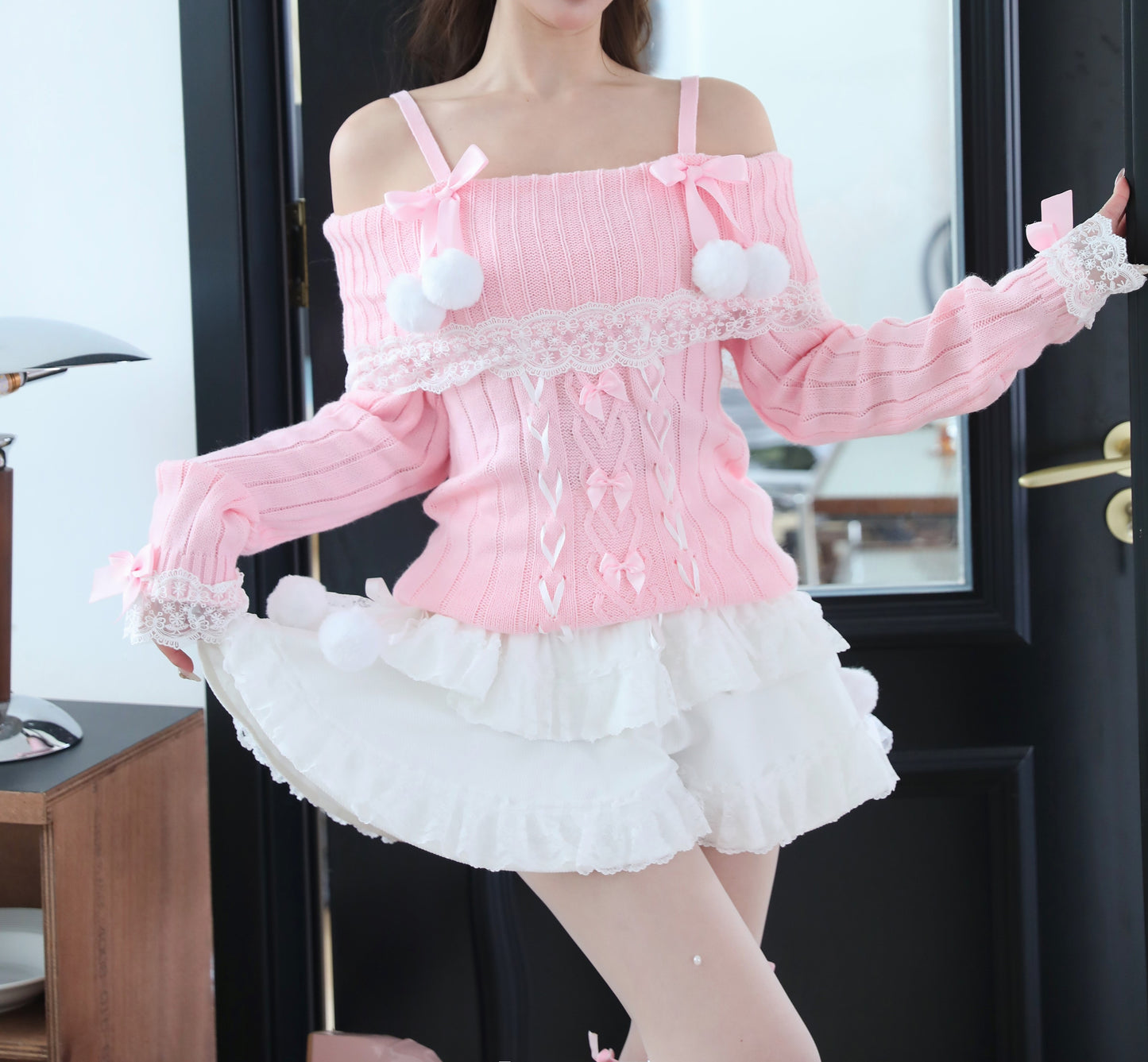 Sweetheart Princess Pompom Balls Pink Off Shoulder Sweater & White Ruffled Skirt Two Piece Set