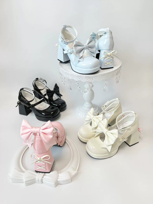 Love Letter Heart Track Lolita Black White Pink Blue Bow High Heels Shoes