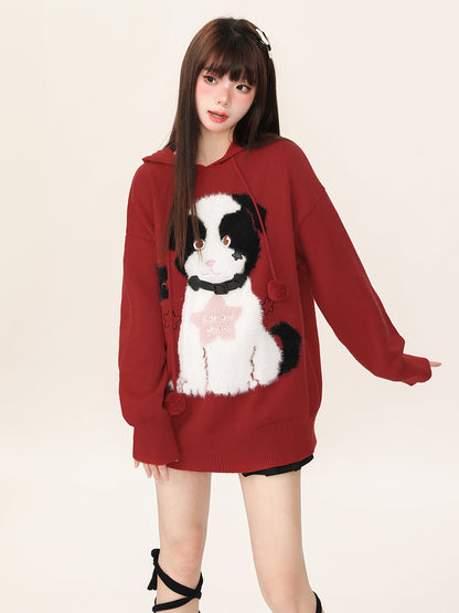 Cute Dog Puppy Pompom Autumn Knit Brown Red Sweater Hoodie