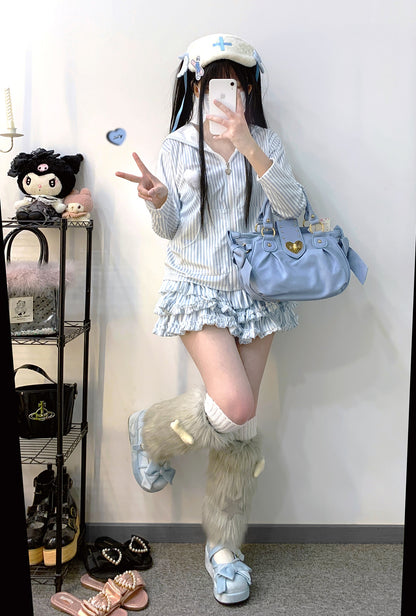 Kitten Bullet Heavenly Hospital Striped Blue Black Rabbit Ears Hoodie Skirt Two Piece Set