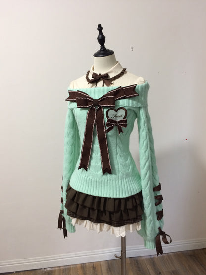 Sweet Dream Mint Green Sweater Top & Brown Skirt Two Piece Set