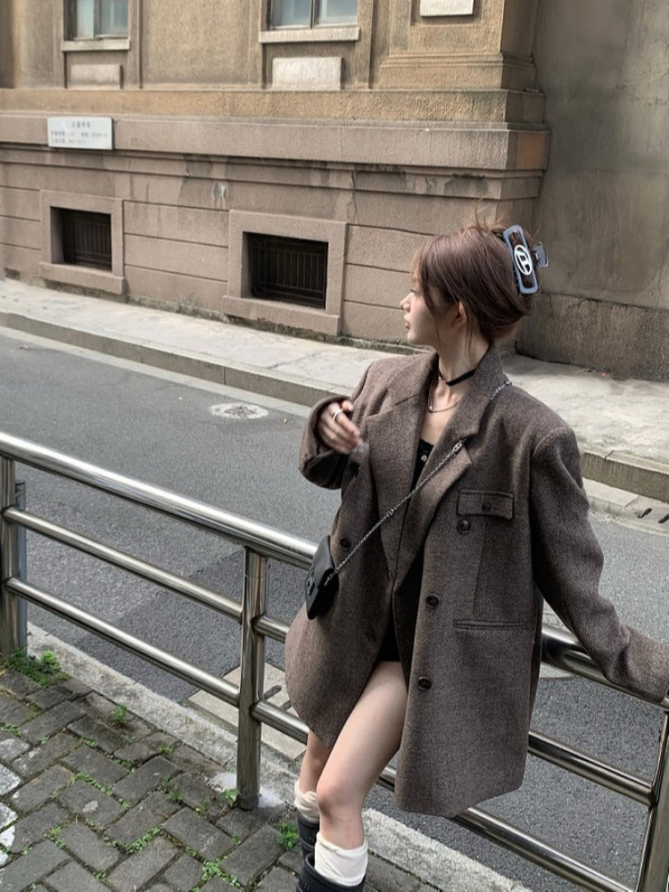 Coffee Brown Chic Autumn Winter Woolen Herringbone Jacket