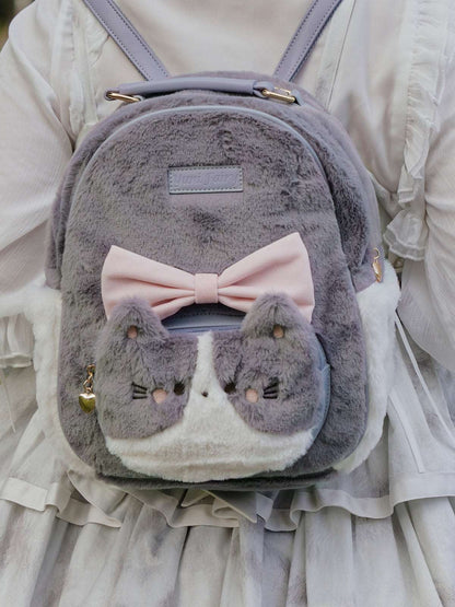 Cat Cute Big Bow Fluffy Plush Backpack Bag