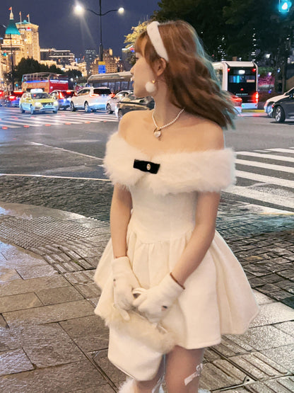 Picnic Girl Winter Elegant Lady Marshmallow White Fur Off Shoulder Dress