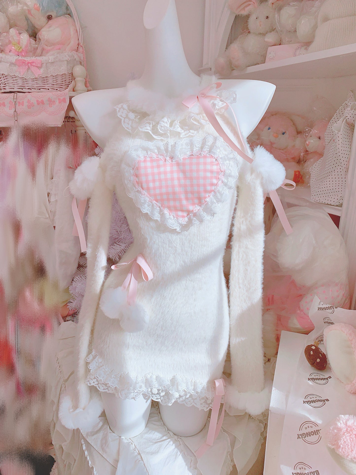 Candy Fairy Plaid Pink Heart Bodycon Fuzzy Dress