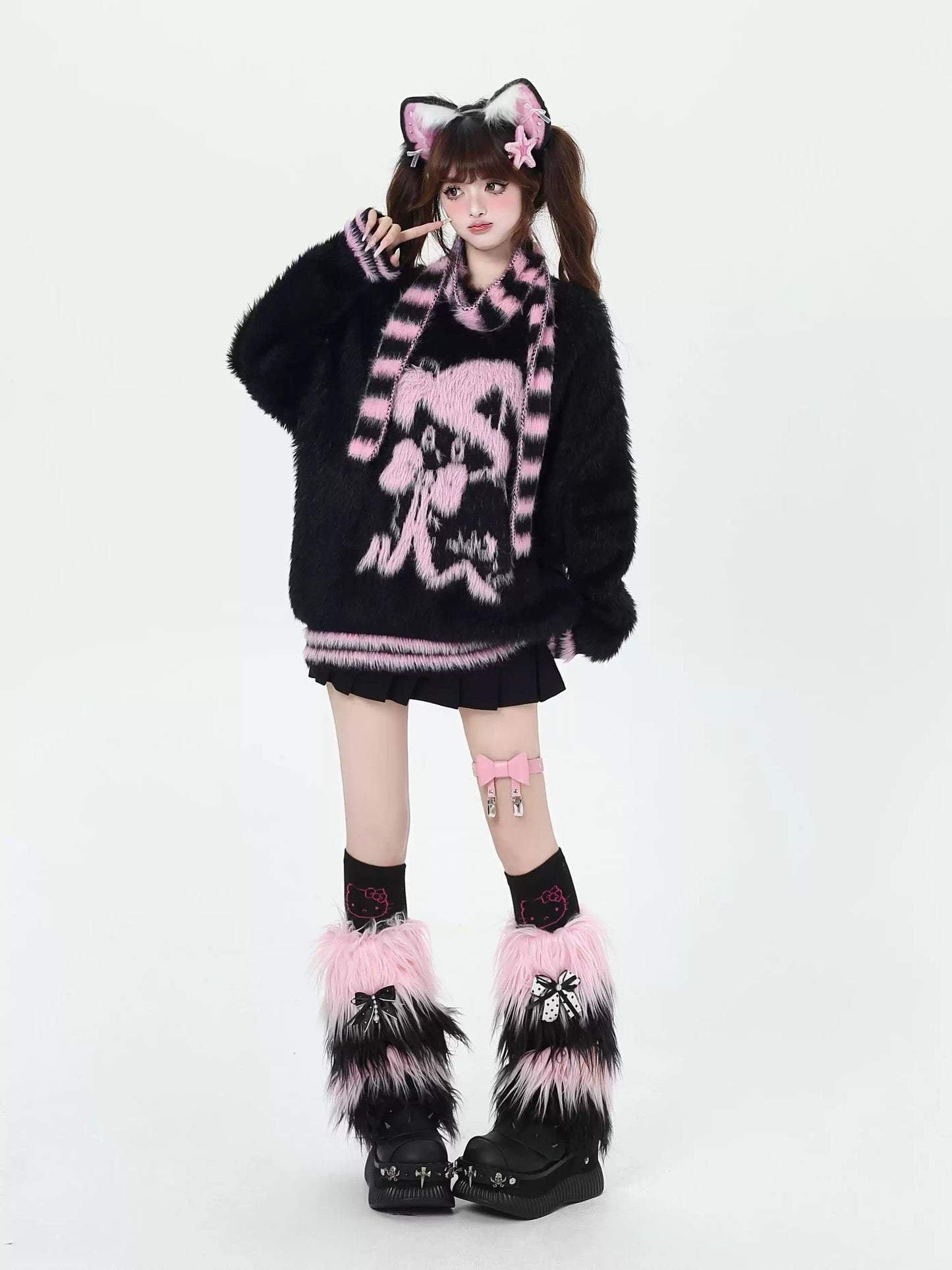 Crazy Girl Cat Witch Black Pink Striped Fuzzy Sweater Scarf