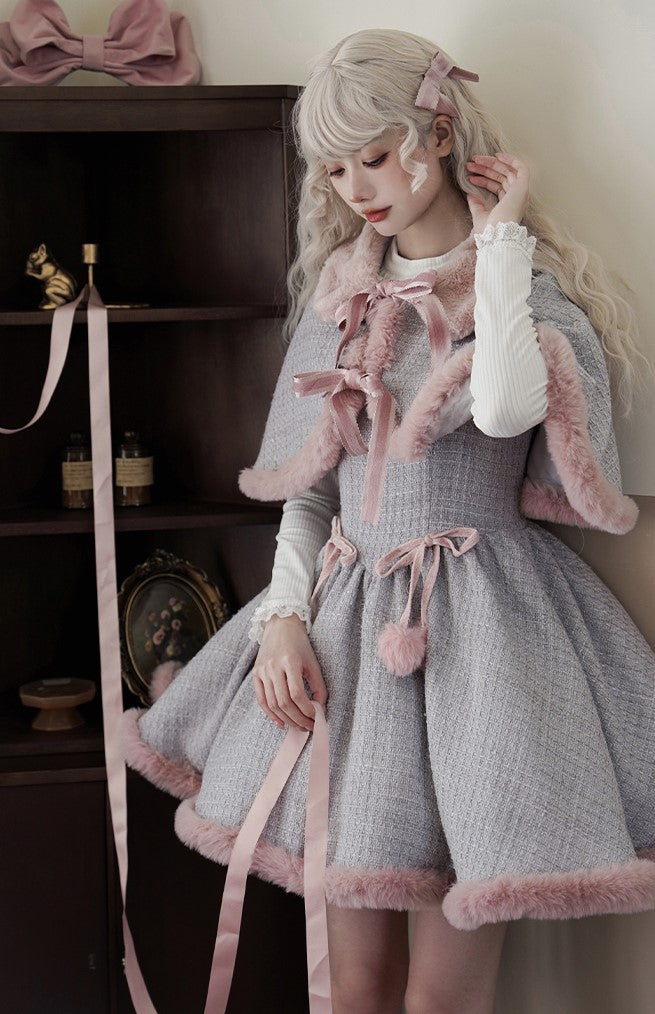 Universal Lolita Winter Blue & Pink Tweed Plush Cape Cloak Strap Dress Two Piece Set