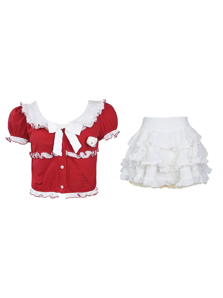 Serendipity Snow Sweet Cherry Red Top & White Skirt Two Piece Set