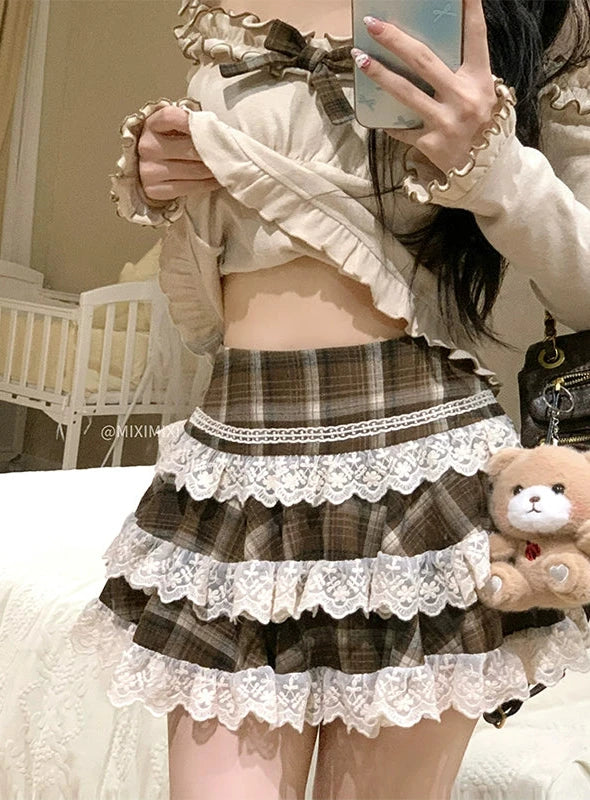 Creamy Sweet Autumn Princess Brown Top & Plaid Skirt Two Piece Set