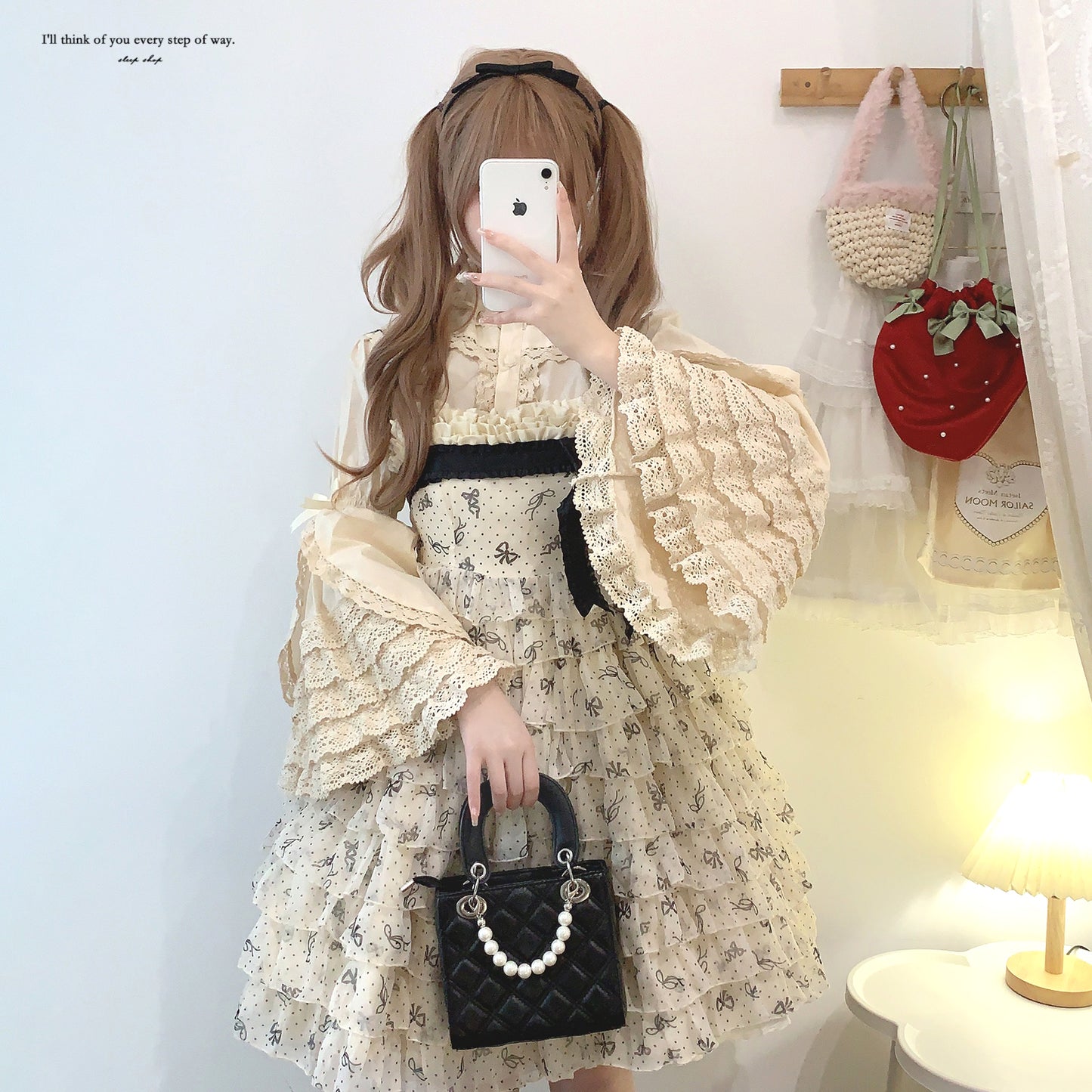 Dormir Doll Bow Kiss Chiffon Cream Black Ruffle Strap Dress