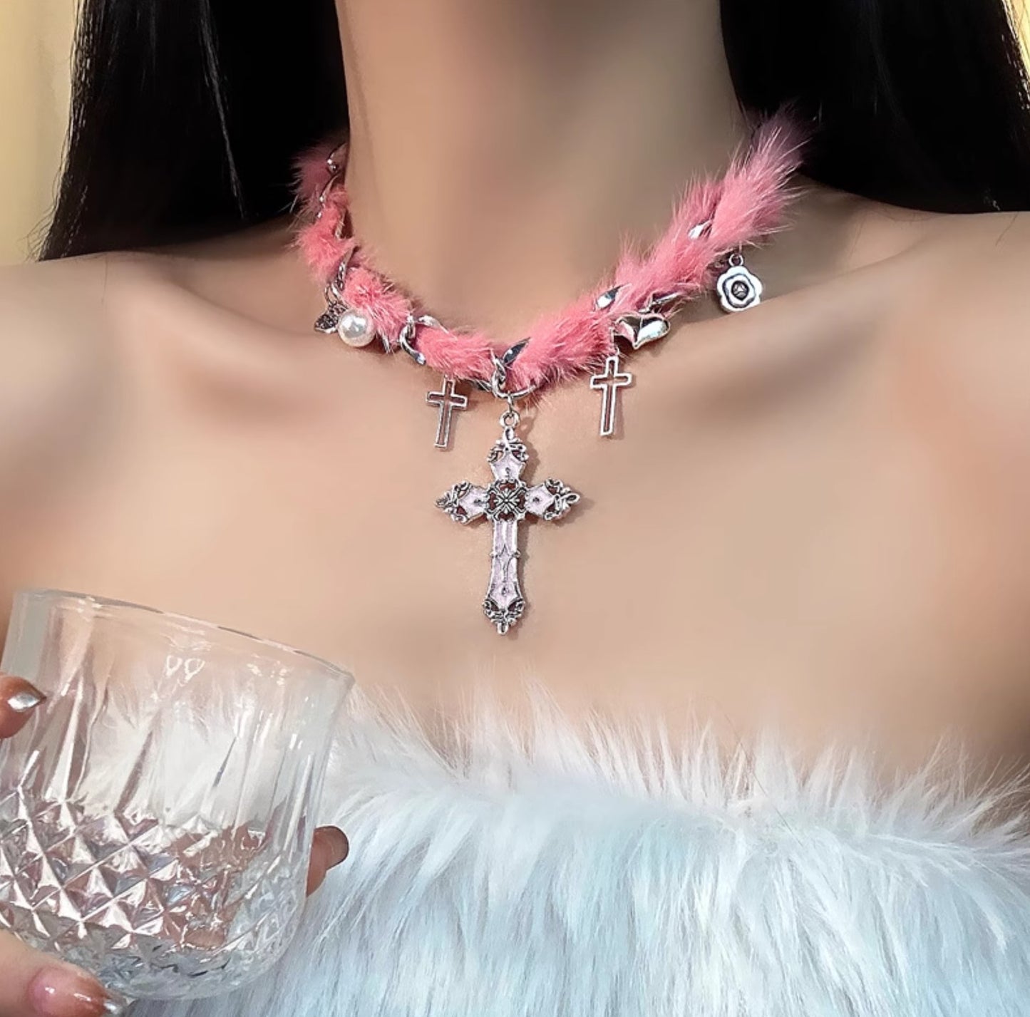 Silver Cross Magic Pink Fur Plush Necklace Collar