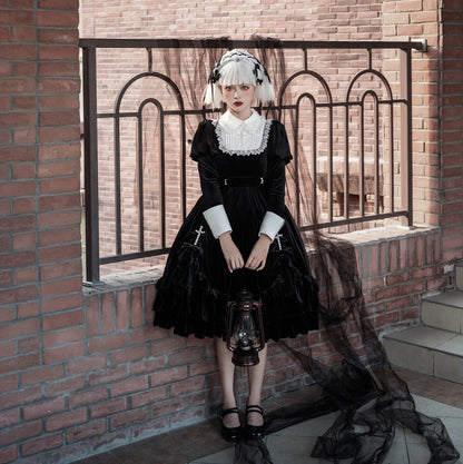 Cross Hymn Black Gothic Lolita Long Sleeve Velvet Dress