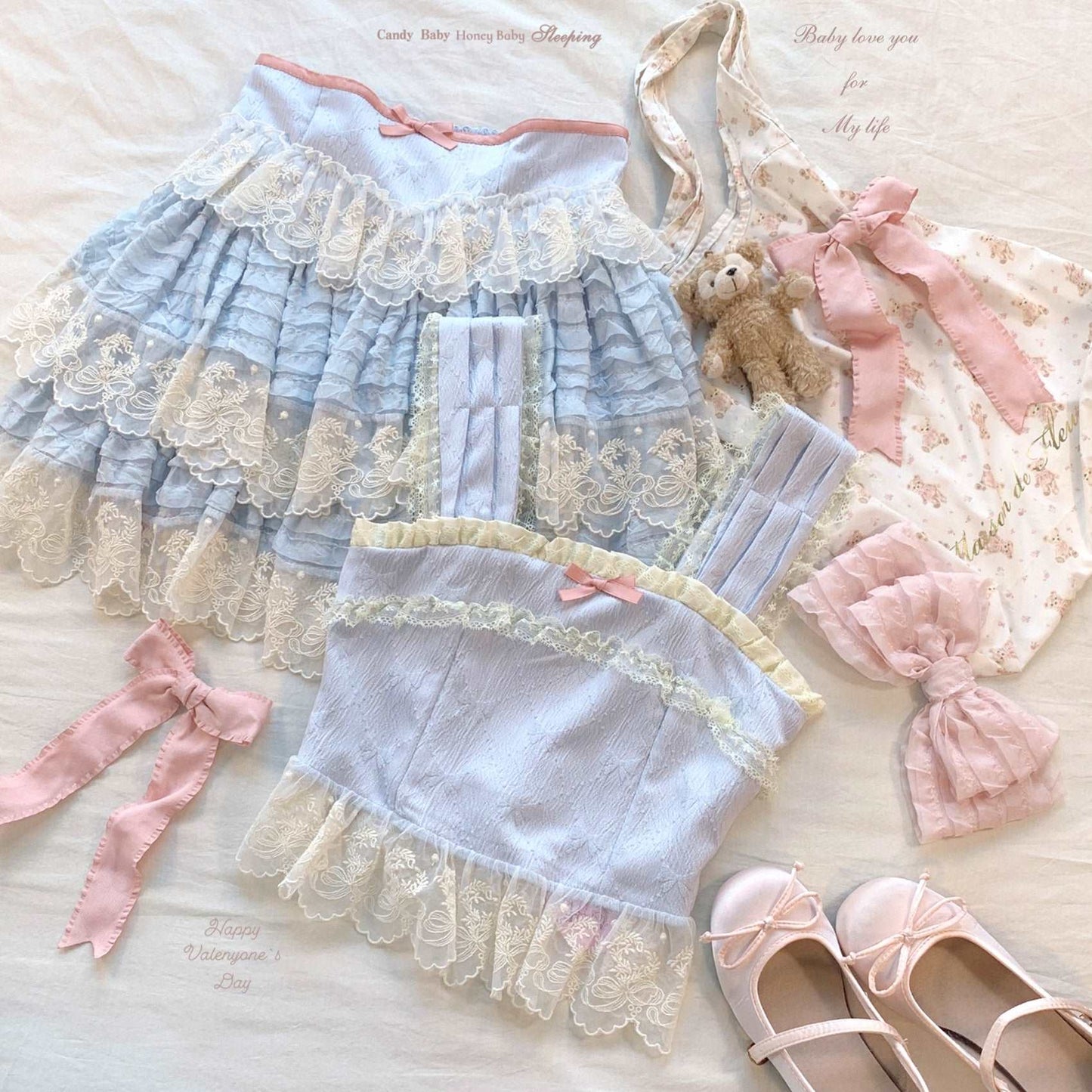 Dormir Doll Balletcore Retro Palace Lace Blue Pink Green Camisole & Skirt Two Piece Set