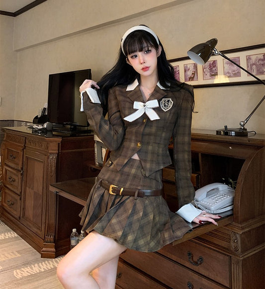 Monet Retro Fall Autumn Brown Plaid Blazer Uniform Top & Mini Pleated Skirt Two Piece Set