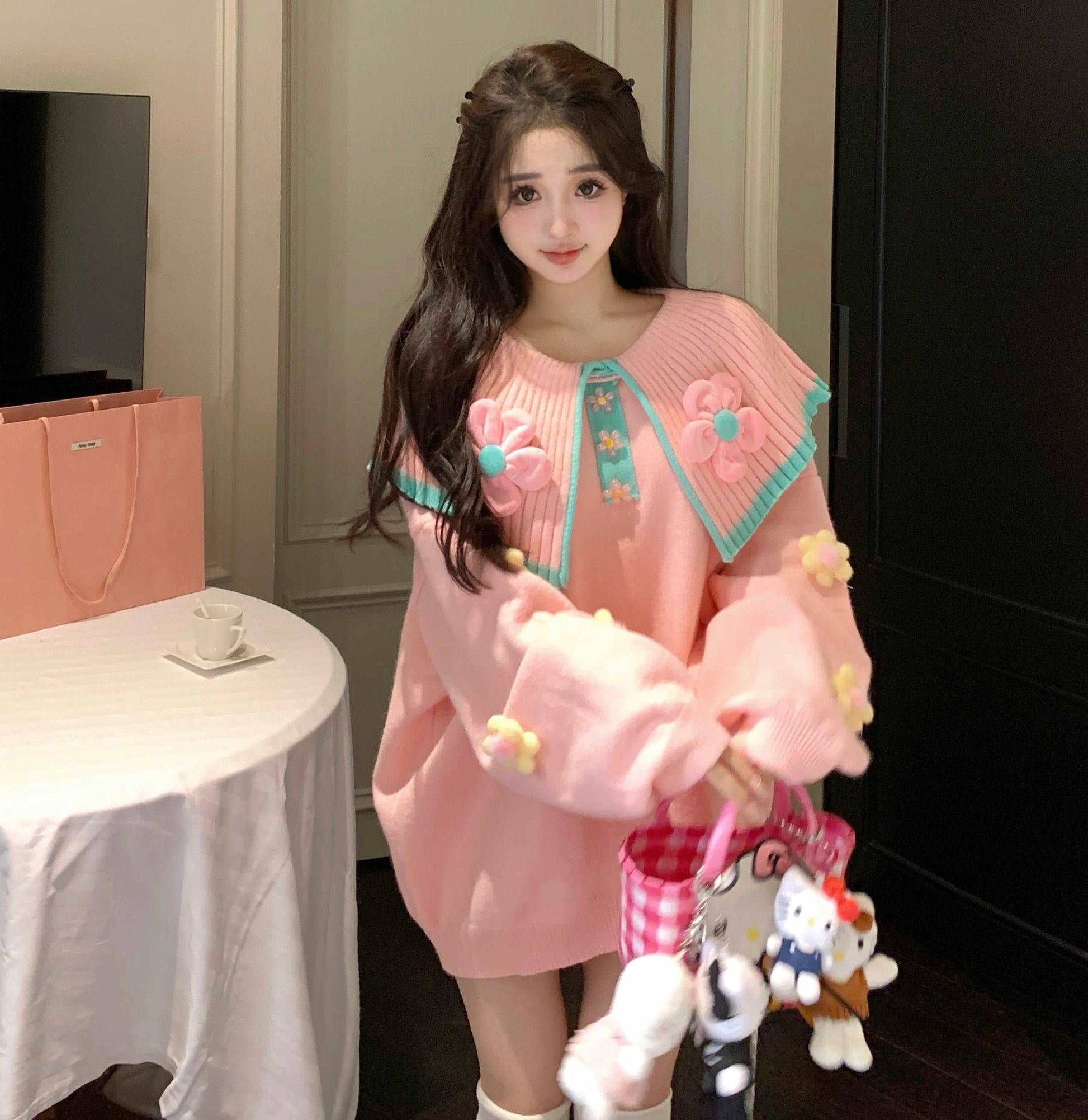 3D Flower Doll Collar Spring Autumn Pink Knit Sweater