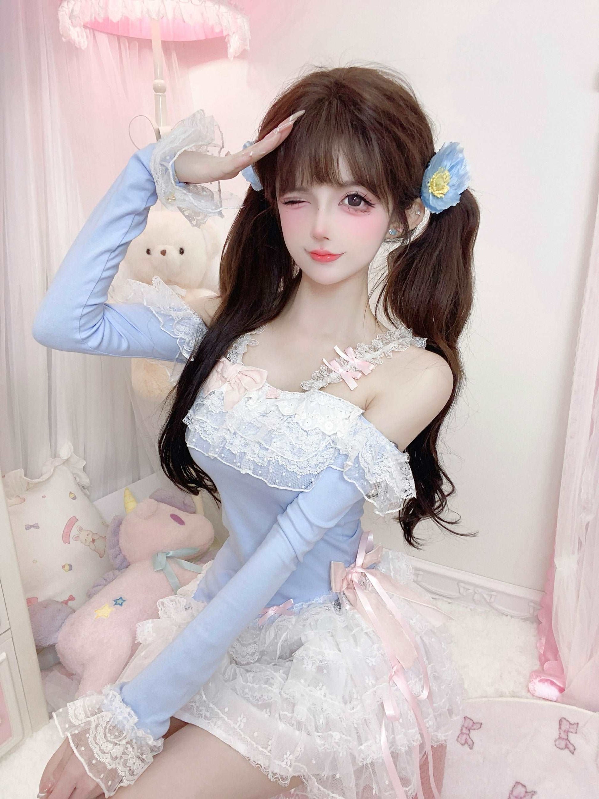 Candy Fairy Blue Bunny Top & White Ruffle Skirt Two Piece Set