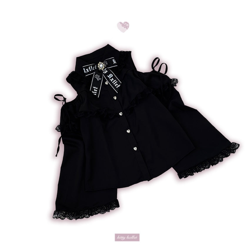 Kitten Bullet Heart Gem Off Shoulder Pink Blue Black White Blouse Top