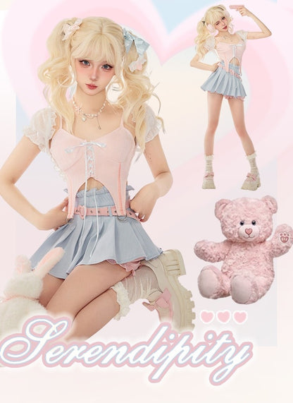 Serendipity Coquette White Sheer Little Cardigan & Pink Sexy Strap Camisole & Blue Pleated Mini Skirt Three Piece Set