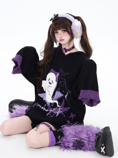 Crazy Girl Halloween Little Ghost Purple Black Knit Sweater