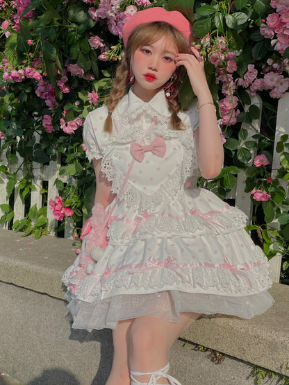 Picnic Girl Lolita Polka Dot Fruity White Ruffled Strap Dress