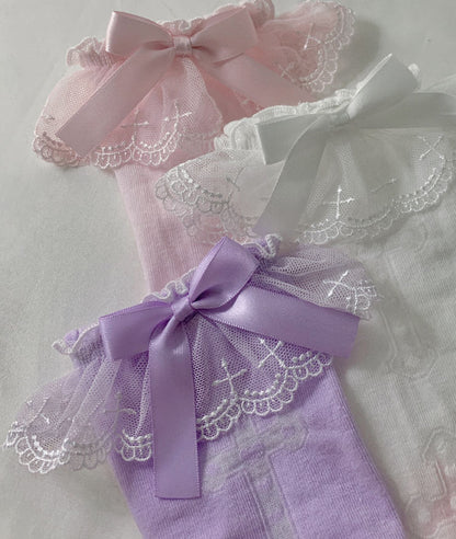 Lolita Cross White Pink Purple Lace Bow Small Socks