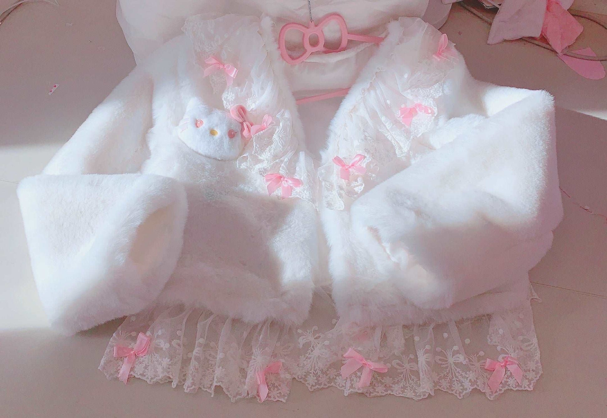 Candy Fairy Lace Kitty Cat Coquette Winter White Plush Fur Jacket