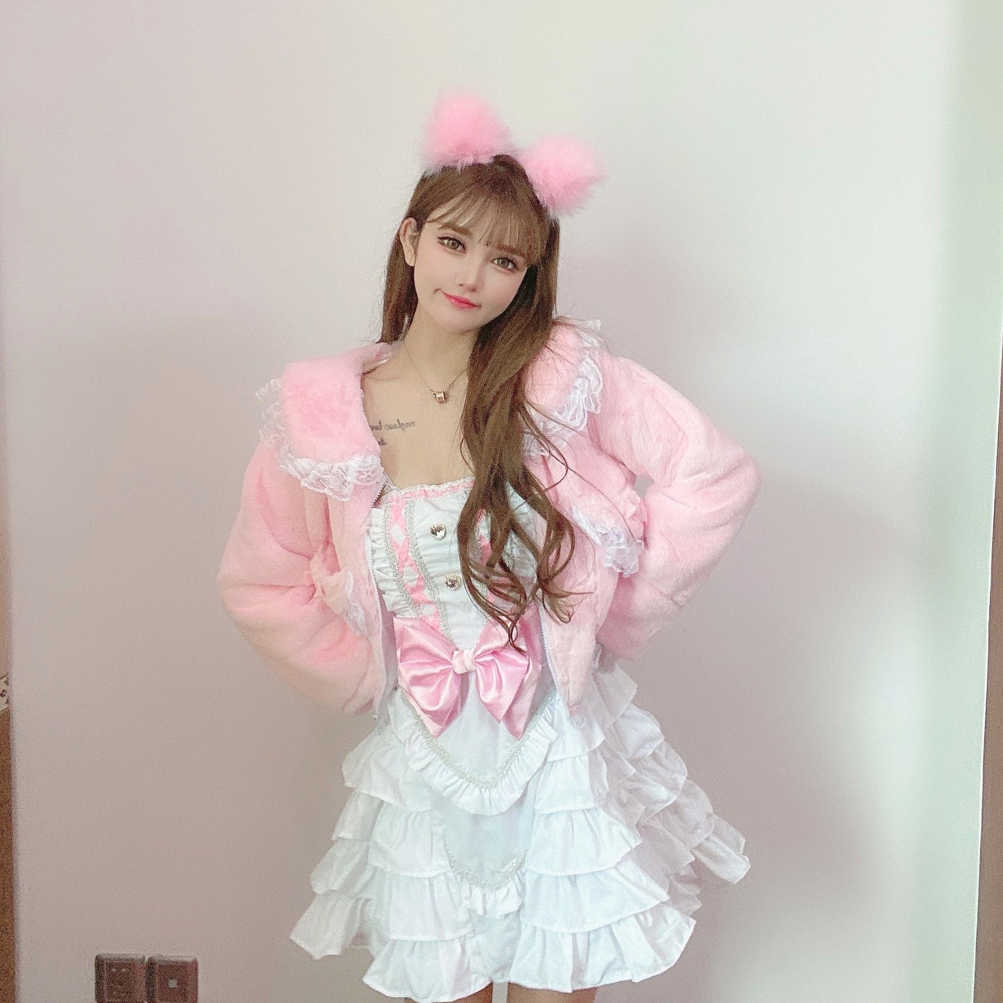 Candy Fairy Pink Plush Faux Rabbit Fur Pastel Pink Bow Lace Winter Jacket