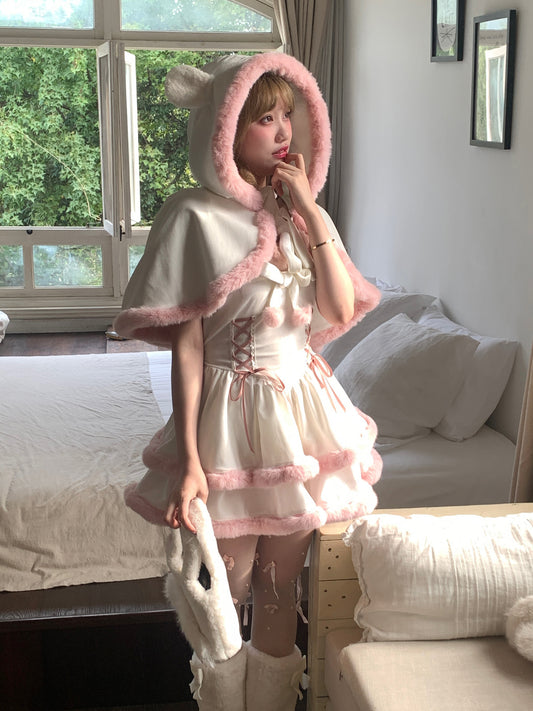 Picnic Girl White Pink Winter Ruffled Strap Dress & Bear Ears Hooded Cloak Cape Two Piece Set