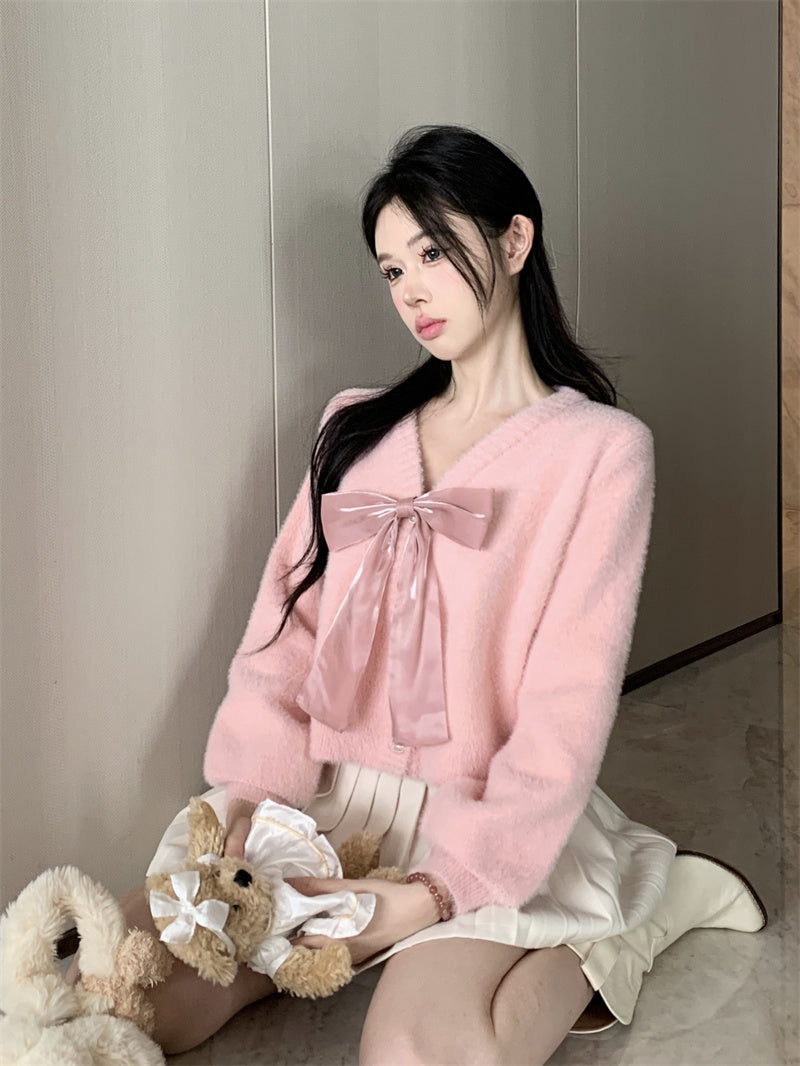 Winter Sweet Soft Bow Ribbon Pink Sweater Cardigan