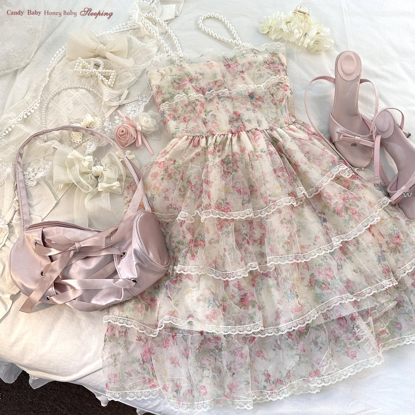 Dormir Doll Floral Rose Ruffled Pearl Strap Dress