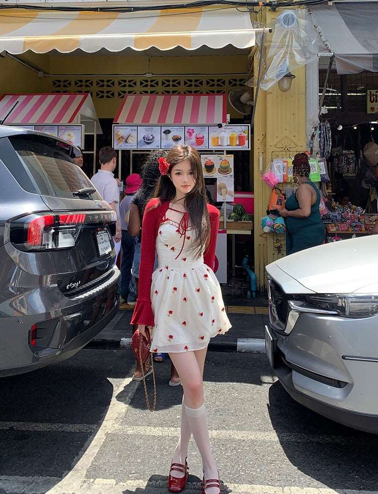 Acacia Summer Rose Beige Strap Dress & Knit Red Cardigan Two Piece Set