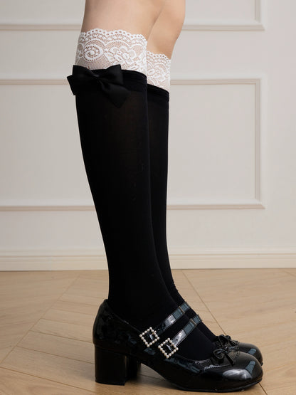 Coquette Lace Black Bow Mid Calf & Over the Knee White Black Socks