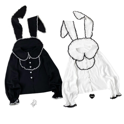 Kitten Bullet Milk Cake Rabbit Ears Black White Blouse Top