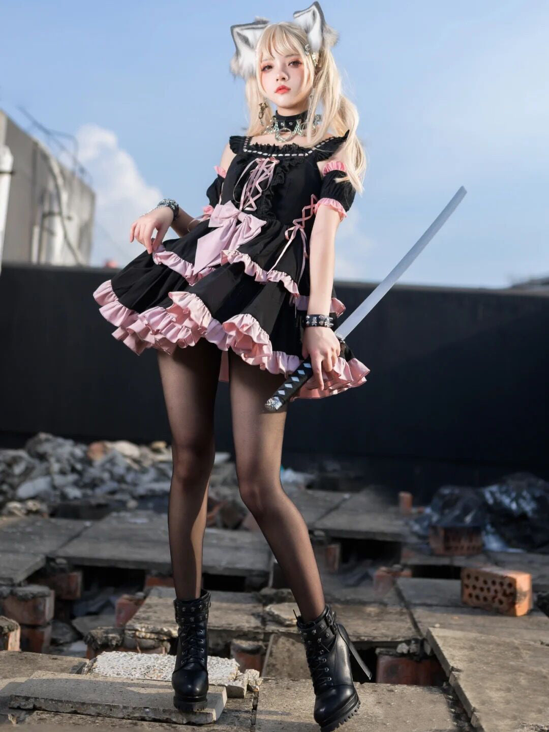 Harajuku Sweet Girl Ruffled Collar Neko Cat Ears Bow Black Pink Layered Dress