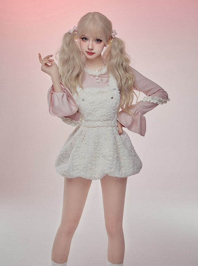 Serendipity Winter Peach Pink Sweater Top & Fur Plush White Suspender Dress Two Piece Set