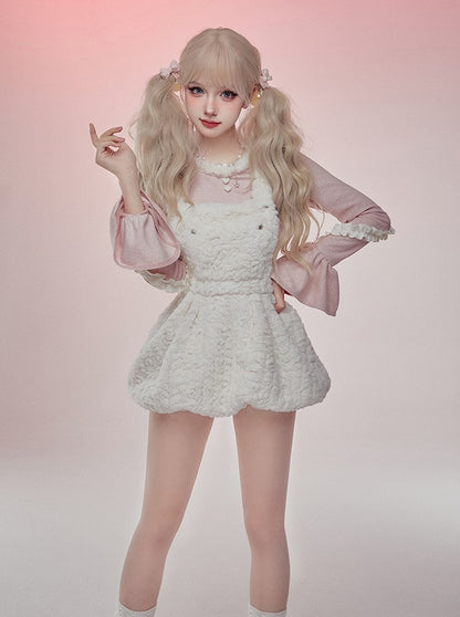 Serendipity Winter Peach Pink Sweater Top & Fur Plush White Suspender Dress Two Piece Set